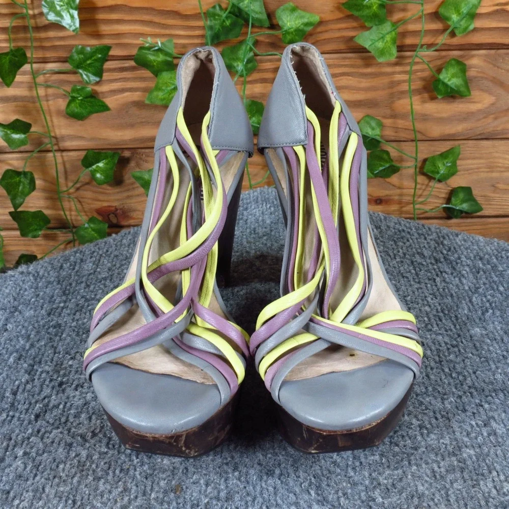FarylRobin Women Heel‎ Size 6.5 Fashion Strappy Platform Grey Yellow Leather